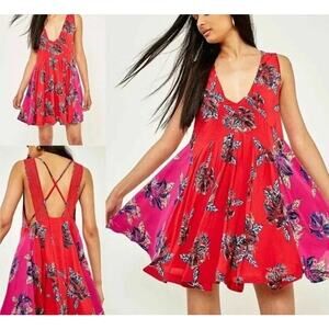 free people | thought it was a dream printed red & pink summer mini dress sz S
